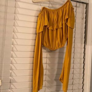 Ruffled yellow off the shoulder cropped shirt